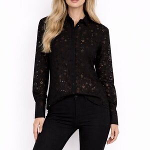 Saint Laurent France Wool Blend Eyelet Long Sleeve Button Black Shirt M